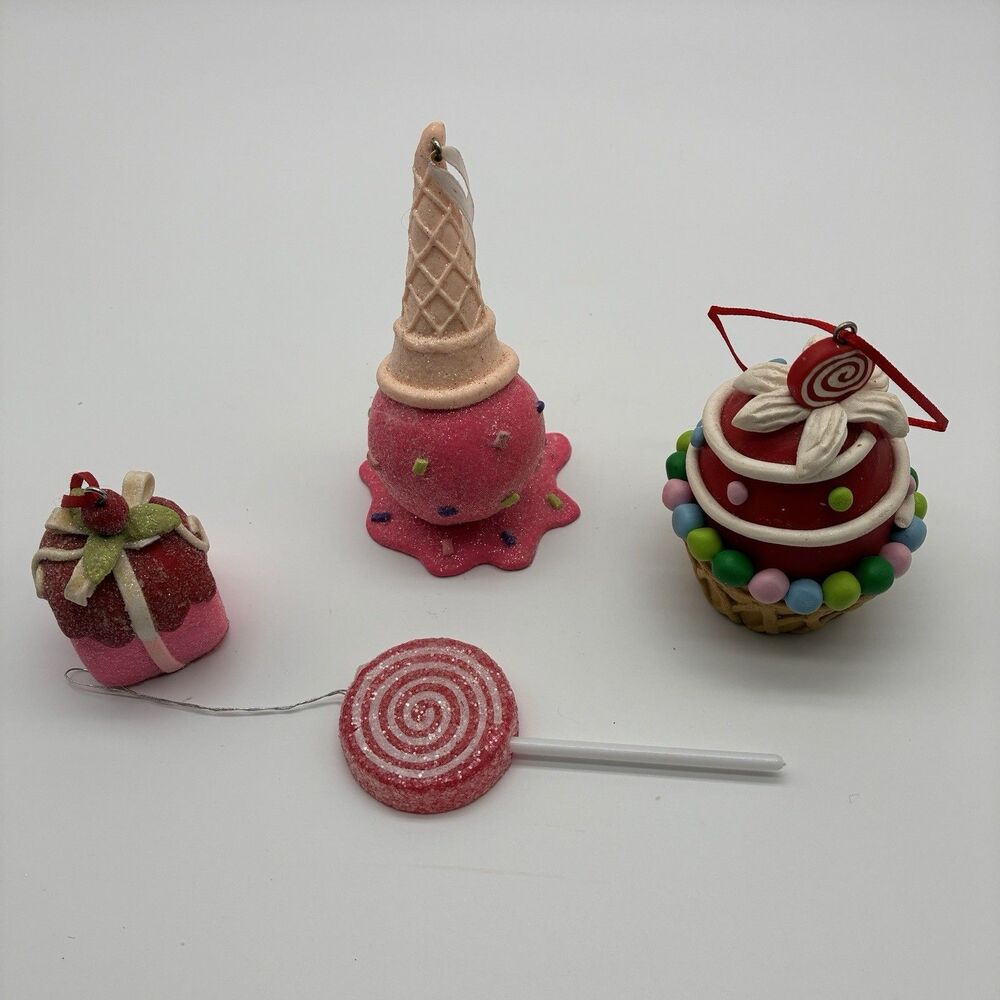 4 Christmas Ornaments Of Sweet Treats. Cupcake, Candy, Ice Cream Cone, Lollipop